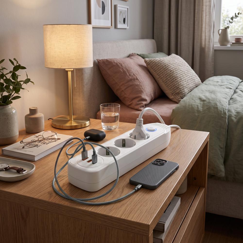 Multipresa con prolunga, 3 prese + 2 porte USB-A + USB-C JNH024-3B White