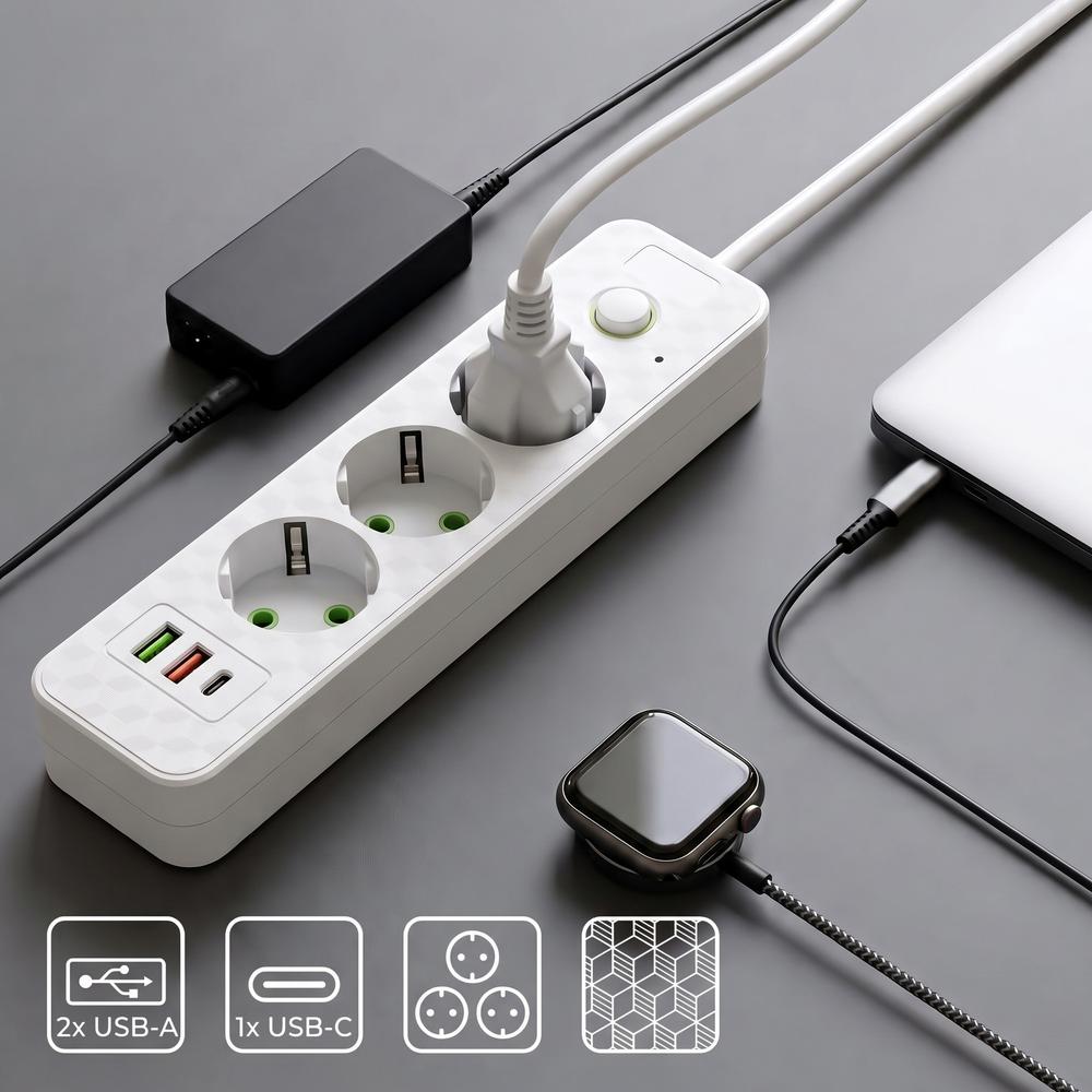 Power strip Extension cord 3 outlets + 2x USB-A + USB-C JNH020-3A White