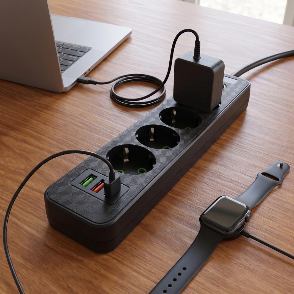 Multipresa con prolunga, 4 prese + 2 porte USB-A + USB-C JNH021-4A Black