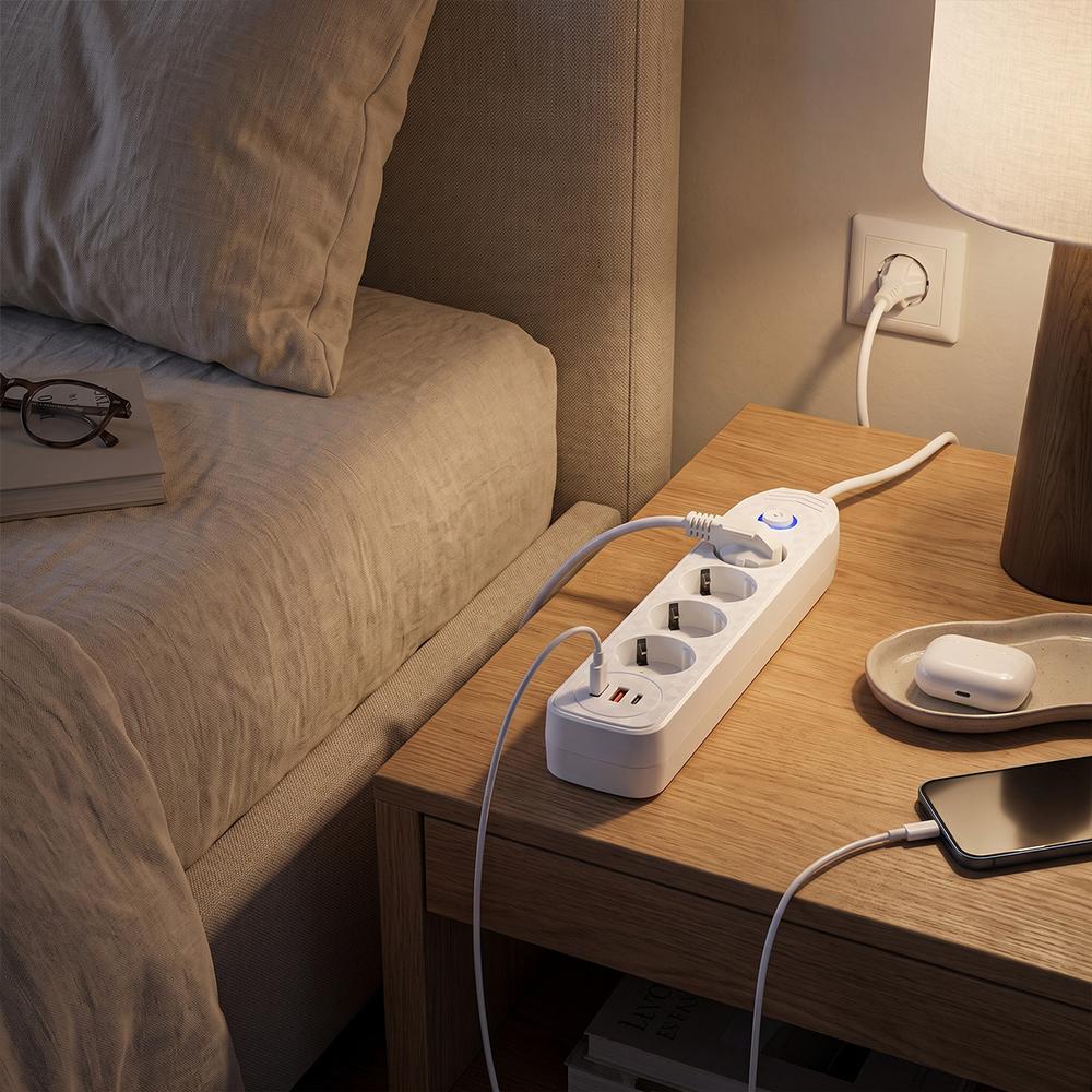 Multipresa con prolunga, 4 prese + 2 porte USB-A + USB-C JNH025-4B White