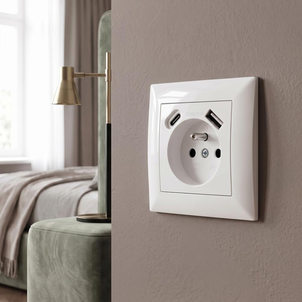 Ühekohaline maandusega pistikupesa + USB-A USB-C OSTE JNH004-G White