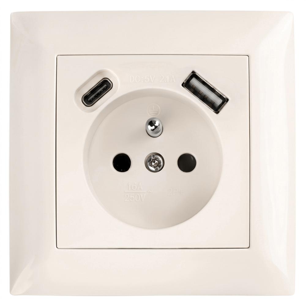 Prise simple avec terre + USB-A USB-C OSTE JNH004-G Beige