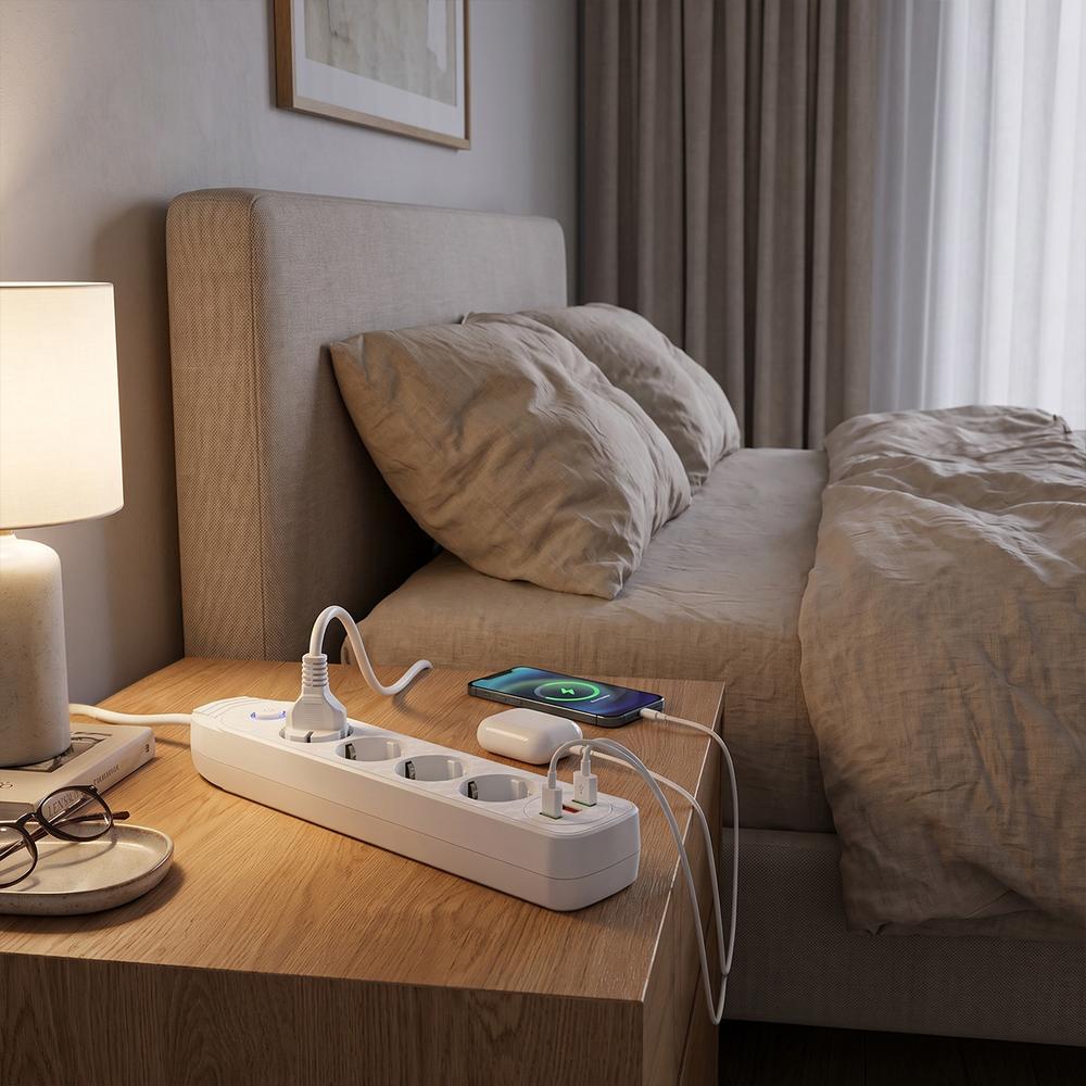 Multipresa con prolunga, 4 prese + 2 porte USB-A + USB-C JNH025-4B White