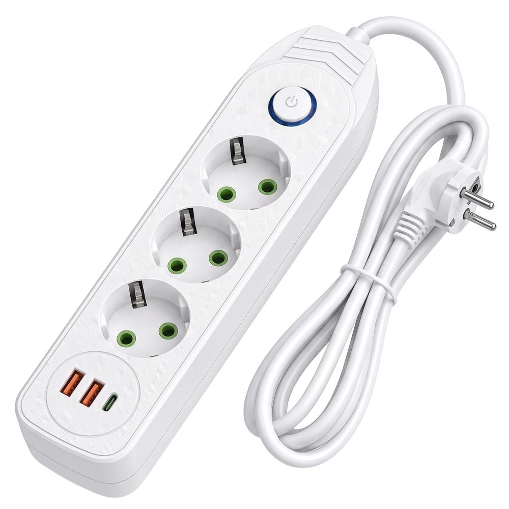Multipresa con prolunga, 3 prese + 2 porte USB-A + USB-C JNH024-3B White