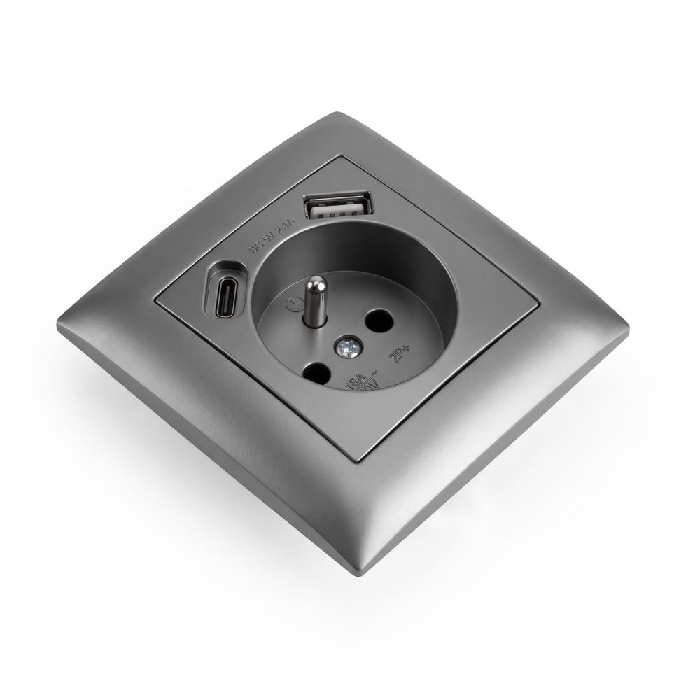 Prise simple avec terre + USB-A USB-C OSTE JNH004-G Grey