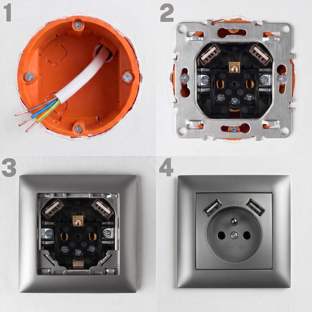 Ühekohaline maandusega pistikupesa + 2x USB-A OSTE JNH003-G Grey