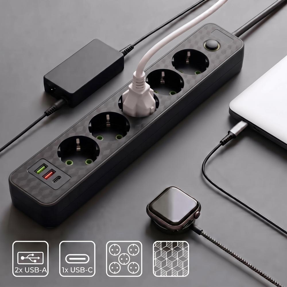 Multipresa con prolunga, 5 prese + 2x USB-A + USB-C REA JNH022-5A Black