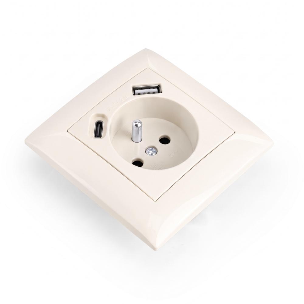 Prise simple avec terre + USB-A USB-C OSTE JNH004-G Beige
