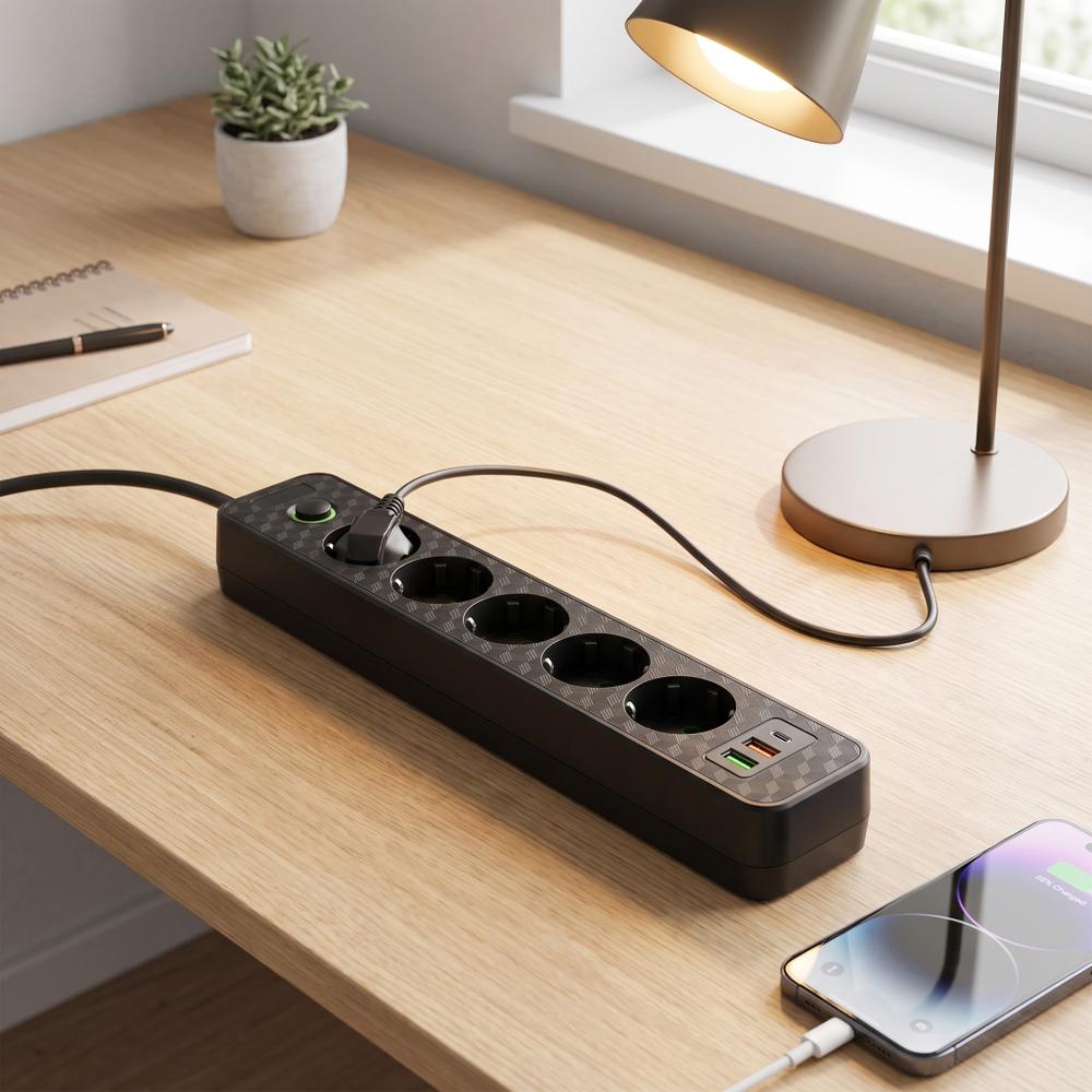 Multipresa con prolunga, 5 prese + 2x USB-A + USB-C REA JNH022-5A Black