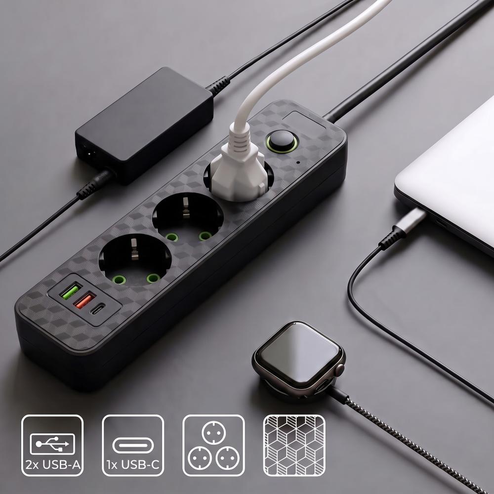 Pikendusjuhe 3 pistikupesa + 2x USB-A + USB-C JNH020-3A Black