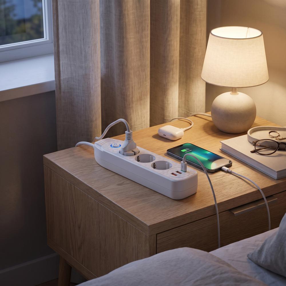 Multipresa con prolunga, 3 prese + 2 porte USB-A + USB-C JNH024-3B White