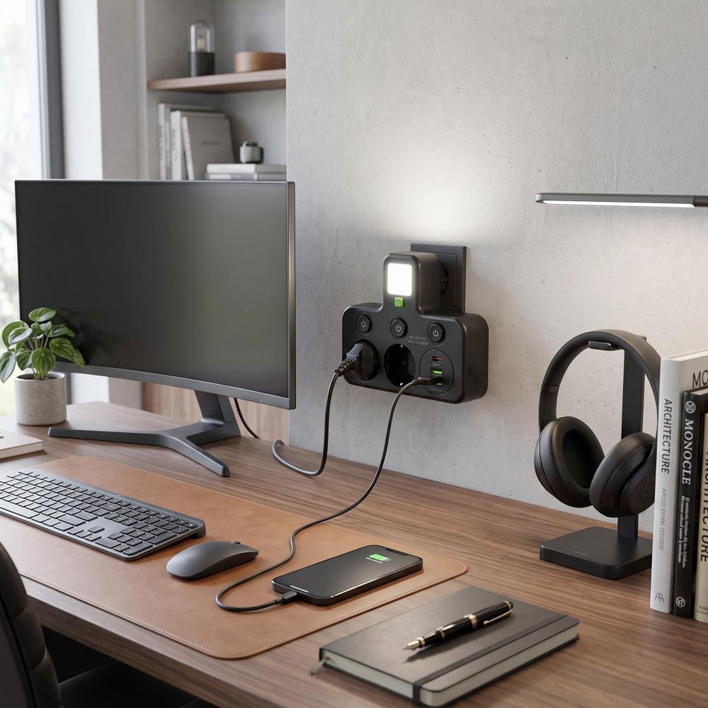 Steckdosenleiste 2 Steckdosen + 2x USB-A + USB-C JNH0-17 Black