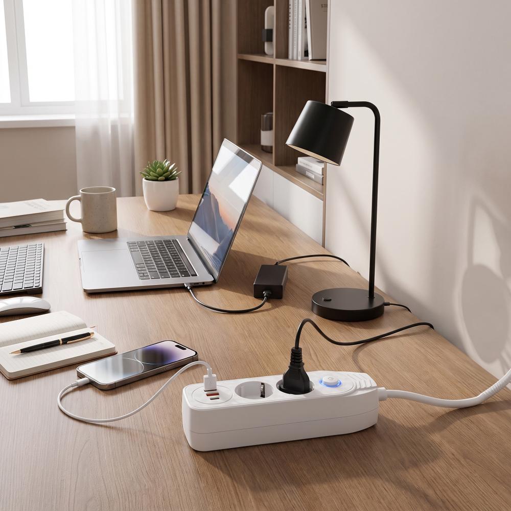 Multipresa con prolunga, 2 prese + 2 porte USB-A + USB-C JNH024-3B White