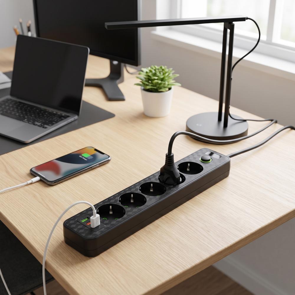 Multipresa con prolunga, 5 prese + 2x USB-A + USB-C REA JNH022-5A Black