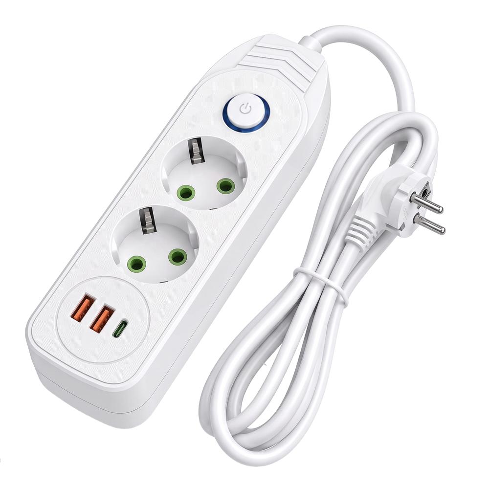 Multipresa con prolunga, 2 prese + 2 porte USB-A + USB-C JNH024-3B White