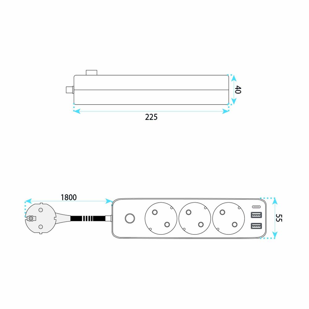 Power strip Extension cord 3 outlets + 2x USB-A + USB-C JNH020-3A White