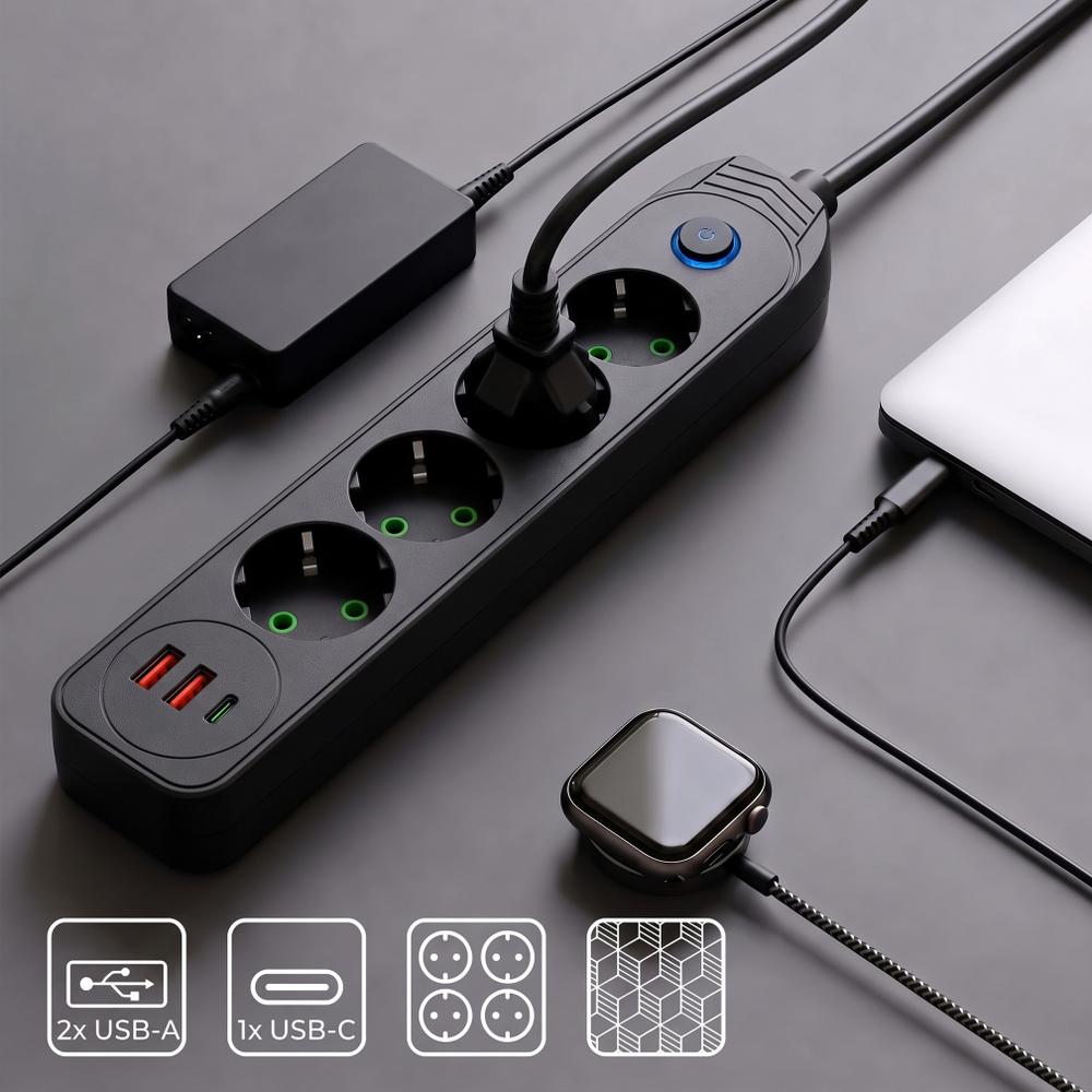 Stikdåse 4 stik + 2x USB-A + USB-C JNH025-4B Black