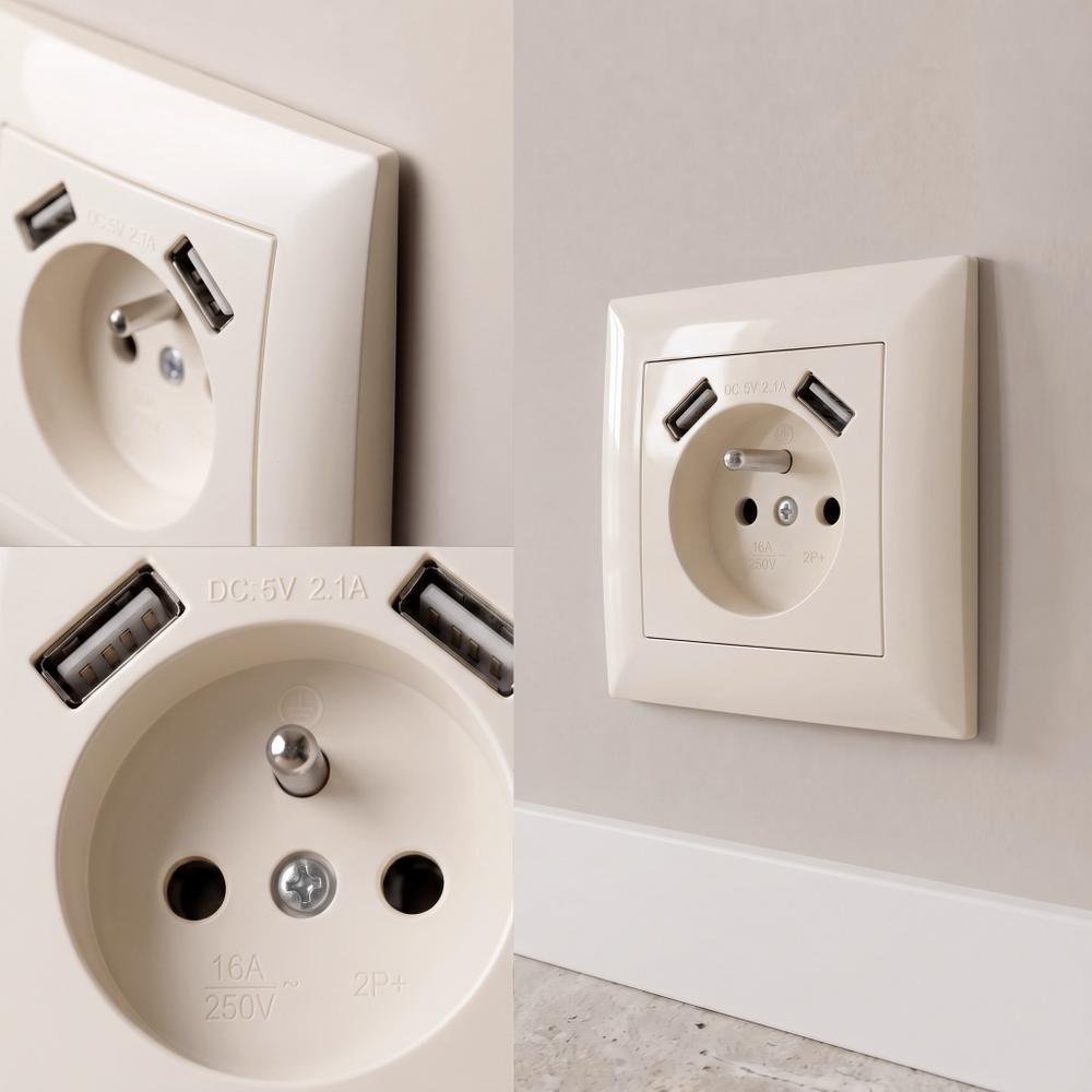 Single grounded socket + 2x USB-A OSTE JNH003-G Beige