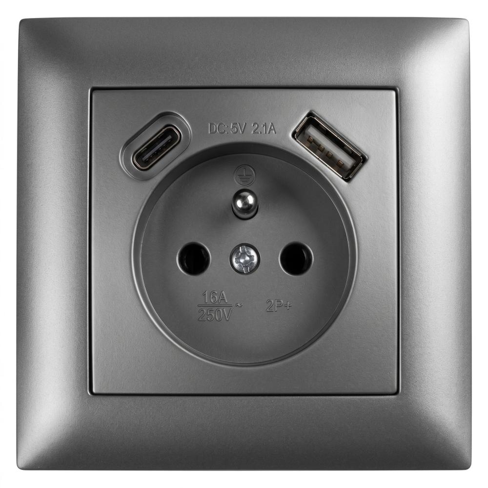 Prise simple avec terre + USB-A USB-C OSTE JNH004-G Grey
