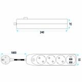 Multipresa con prolunga, 3 prese + 2 porte USB-A + USB-C JNH024-3B White