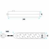 Multipresa con prolunga, 4 prese + 2 porte USB-A + USB-C JNH025-4B White