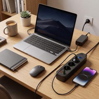 Мережевий фільтр Подовжувач 3 розетки + 2x USB-A + USB-C JNH024-3B Black