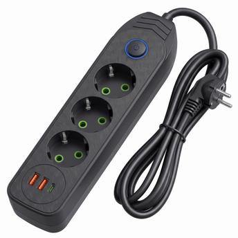 Мережевий фільтр Подовжувач 3 розетки + 2x USB-A + USB-C JNH024-3B Black