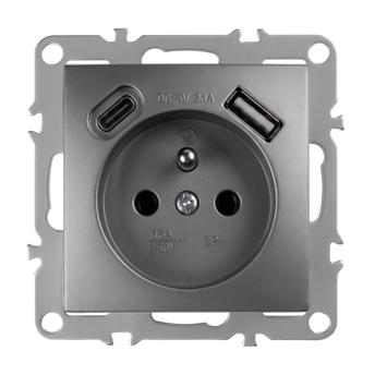 Yksiosainen maadoitettu pistorasia + USB-A USB-C OSTE JNH004-G Grey
