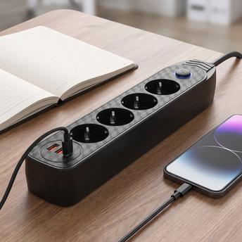 Мережевий фільтр Подовжувач 4 розетки + 2x USB-A + USB-C JNH025-4B Black
