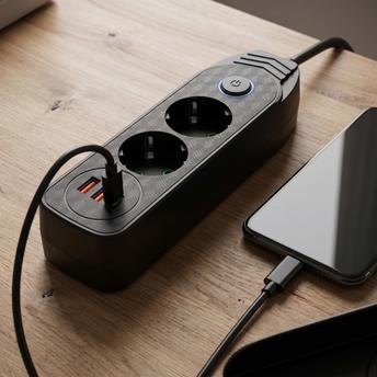 Мережевий фільтр Подовжувач 2 розетки + 2x USB-A + USB-C JNH023-2B Black
