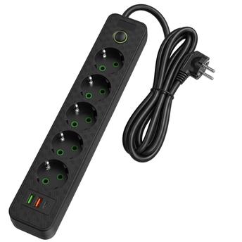 Мережевий фільтр подовжувач 5 розеток + 2x USB-A + USB-C REA JNH022-5A Black