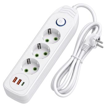 Разклонител Удължител 3 гнезда + 2x USB-A + USB-C JNH024-3B White