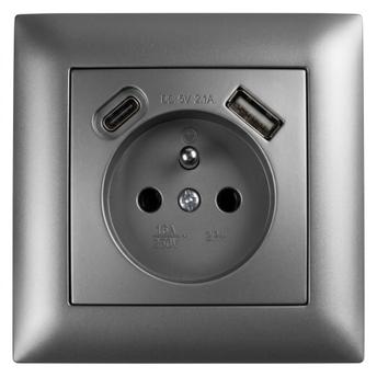 Yksiosainen maadoitettu pistorasia + USB-A USB-C OSTE JNH004-G Grey