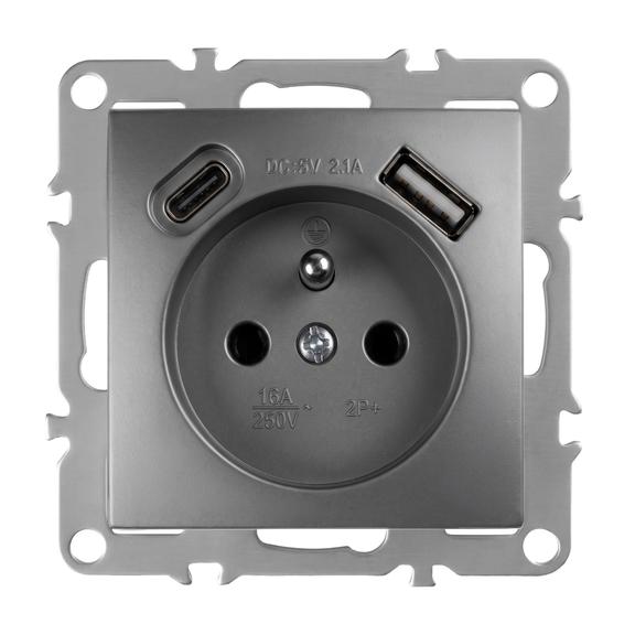 Prise simple avec terre + USB-A USB-C OSTE JNH004-G Grey