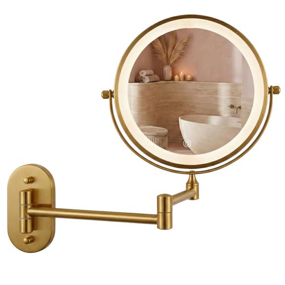 Dubbelriktad väggspegel med LED Glow, kosmetisk, guld vintage