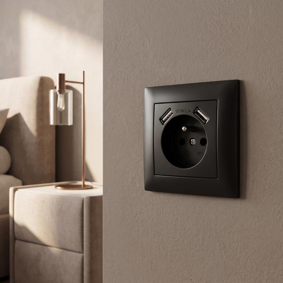 Ühekohaline maandusega pistikupesa + 2x USB-A OSTE JNH003-G Black
