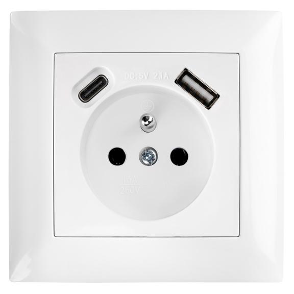 Ühekohaline maandusega pistikupesa + USB-A USB-C OSTE JNH004-G White