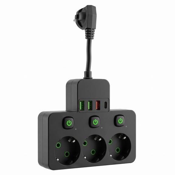 Listwa zasilająca 3 gniazda + 3x USB-A + USB-C JNH018 Czarna
