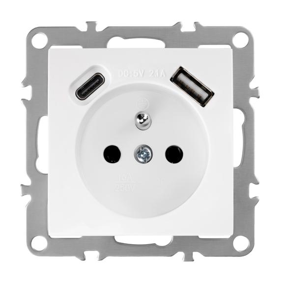 Ühekohaline maandusega pistikupesa + USB-A USB-C OSTE JNH004-G White