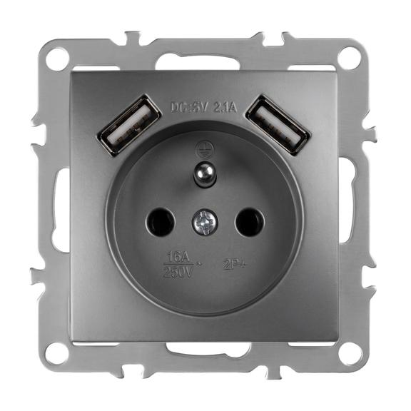 Ühekohaline maandusega pistikupesa + 2x USB-A OSTE JNH003-G Grey