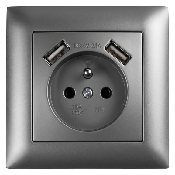 Ühekohaline maandusega pistikupesa + 2x USB-A OSTE JNH003-G Grey