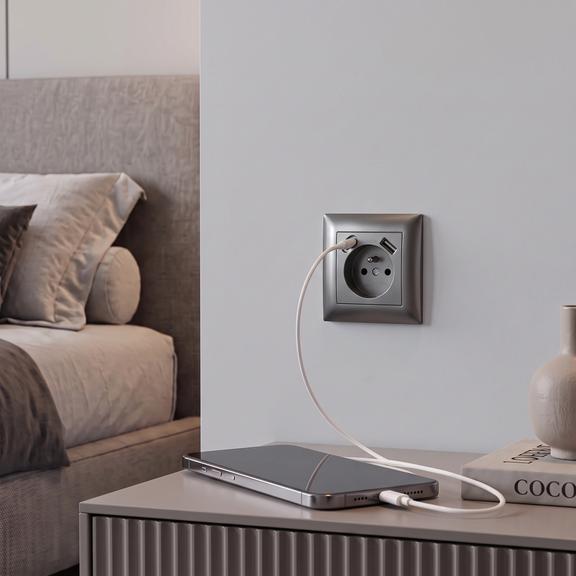 Prise simple avec terre + USB-A USB-C OSTE JNH004-G Grey