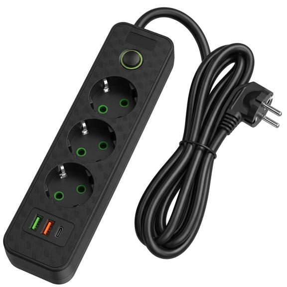 Pikendusjuhe 3 pistikupesa + 2x USB-A + USB-C JNH020-3A Black