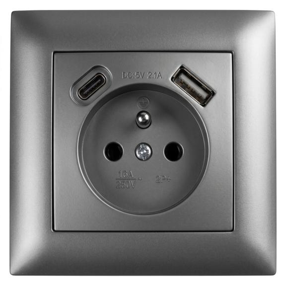 Prise simple avec terre + USB-A USB-C OSTE JNH004-G Grey